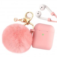 Silicone bluetooth earphone case protective cover for ear pods 2 & 1 charging case cute fur ball keychain